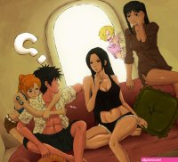 boa hancock monkey d. luffy nami one piece nico robin sanji one piece one piece 2boys 3girls ? abs angry bare shoulders black hair blonde hair blush breasts cleavage couch crack denim