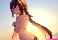 ass bikini blush breast hold brown hair genshin impact hu tao genshin impact long hair neit ni sei red eyes sunset swimsuit tears twintails undressing water
