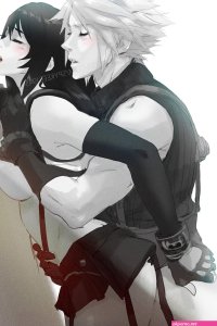 spykeee cloud strife tifa lockhart final fantasy final fantasy vii final fantasy vii remake highres 1boy 1girl ass black gloves black hair black skirt black thighhighs blush closed eyes clothes lift clothes