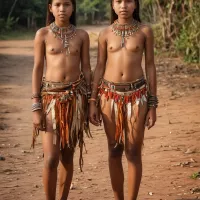 Xingu Tribal Girls Ages 15 to 17 in Natural Light Full Body Portrait