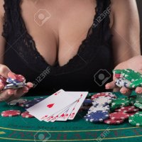 Sexy Woman In Black Underwear With Big Boobs Playing Poker Game At The Table -. Image 90879464