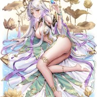 Jade Moon legs long hair big boobs thighs feet belly button looking at viewer gradient hair two tone hair ass drawing silver hair gold skimpy clothes flowers anime girls portrait display blushing