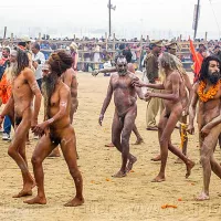 Naked Hindu Devotees Walking towards the Ganges River