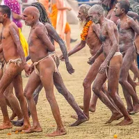 Naked Hindu Devotees Walking to the Bank of Ganges River