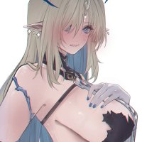 elizkras fleurdelys wuthering waves wuthering waves commentary english commentary 1girl bare shoulders blonde hair blue eyes blue hair blue nails blush breasts colored inner hair crown of thorns earrings floating crown hand