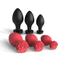 S-hande Rosa 3pcsset Red Silicone Rose Anal Plug Toy Set Black Rose Sex Toy