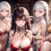 group of women cleavage sideboob big boobs looking at viewer ass AI art PROTOAiArt Pixiv harem anime girls dress flower in hair earring jewelry