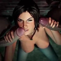 Big Tits Tomb Raider Lara Croft Babe Sucks a BBC and a Big White Cock Hot Interracial Double Blowjob