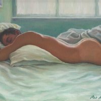 Man Sleeping in Morning Light Art Print From Original Oil Painting by Pat Kelley. Male Nude Figure in Bed 12x16