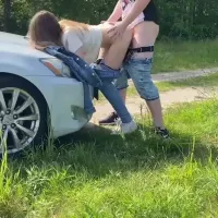 Amateur couple made an urgent stop of the car to have sex on the hood