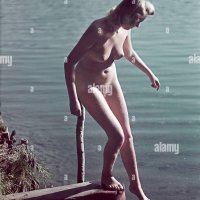 people nude naked woman at a lake Germany 1940s 40s eroticism Stock Photo