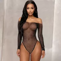 Sexy Lingerie Fishnet Bodysuit for Women Sparkle Rhinestone Mesh Teddy