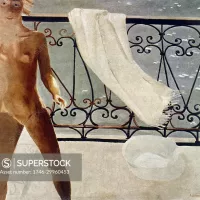 Painting depicting a naked woman standing on her balcony signed Aleksandr Deyneka 1899-1969 Russian artist