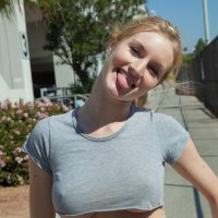 big boobs Ashlee Hills tongue out blonde underboob women public short tops grey tops T-shirt crop top Zishy portrait display