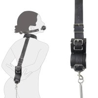 : BDSM Sex Bondage Anal Hook Neck to Wrist Behind Back Handcuffs Collar with Anal Trainer Ball Gag Bed Restraints Sex Game Accessories Kinky Fetish Role Play Adult Sex Toys for