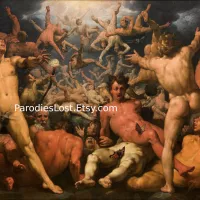 NUDE MALE GODS Cornelis Van Haarlem Fall of Titans Greek Mythology Zeus Uranus Nudity Half Naked Man Gay Interest Oil Painting Art