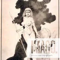 Monsters. Naked woman with fire-breathing monster. A drawing entitled Amazon by the artist Gordon