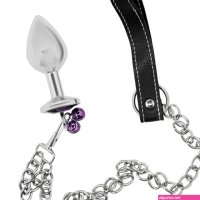 Bondage Leash Metal Butt Plug With Jewel