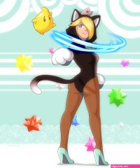 kitsune23star luma super mario 3d world super mario bros. 1 super mario galaxy rosalina mario highres 1girl alternate costume animal ears animal hood ass blonde hair blue eyes cat ears cat hood