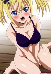 kawarajima kou lucy grill megami magazine peter grill to kenja no jikan absurdres highres magazine scan official art scan 1girl blonde hair blue eyes bra breasts cleavage long hair looking at viewer