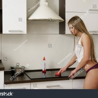 Sexy Girl Lingerie Makes Cleaning Kitchen Stock Photo 353215175