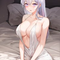 boobs big boobs curvy sitting long hair in bed women indoors looking at viewer cleavage solo lillly anime anime girls purple eyes dress silver hair