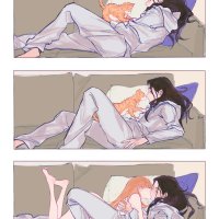 anzoo haerin newjeans minji newjeans newjeans real life absurdres commentary hashtag-only commentary highres 2girls animalization black hair closed eyes completely nude couch cushion girl on top indoors jacket kiss long hair lying