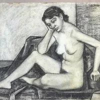 1937 Academic Female Nude Charcoal Drawing Head in Hand Uc Berkeley