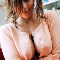 Tianna Gregory looking at viewer women item between boobs brunette no bra cardigan portrait display