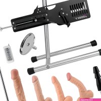 Metalen liefdesmachine met dildo-accessoires voor volwassenen.