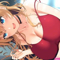 big boobs blonde blue eyes in bed lying on side cleavage Takaharu anime anime girls crop top panties artwork